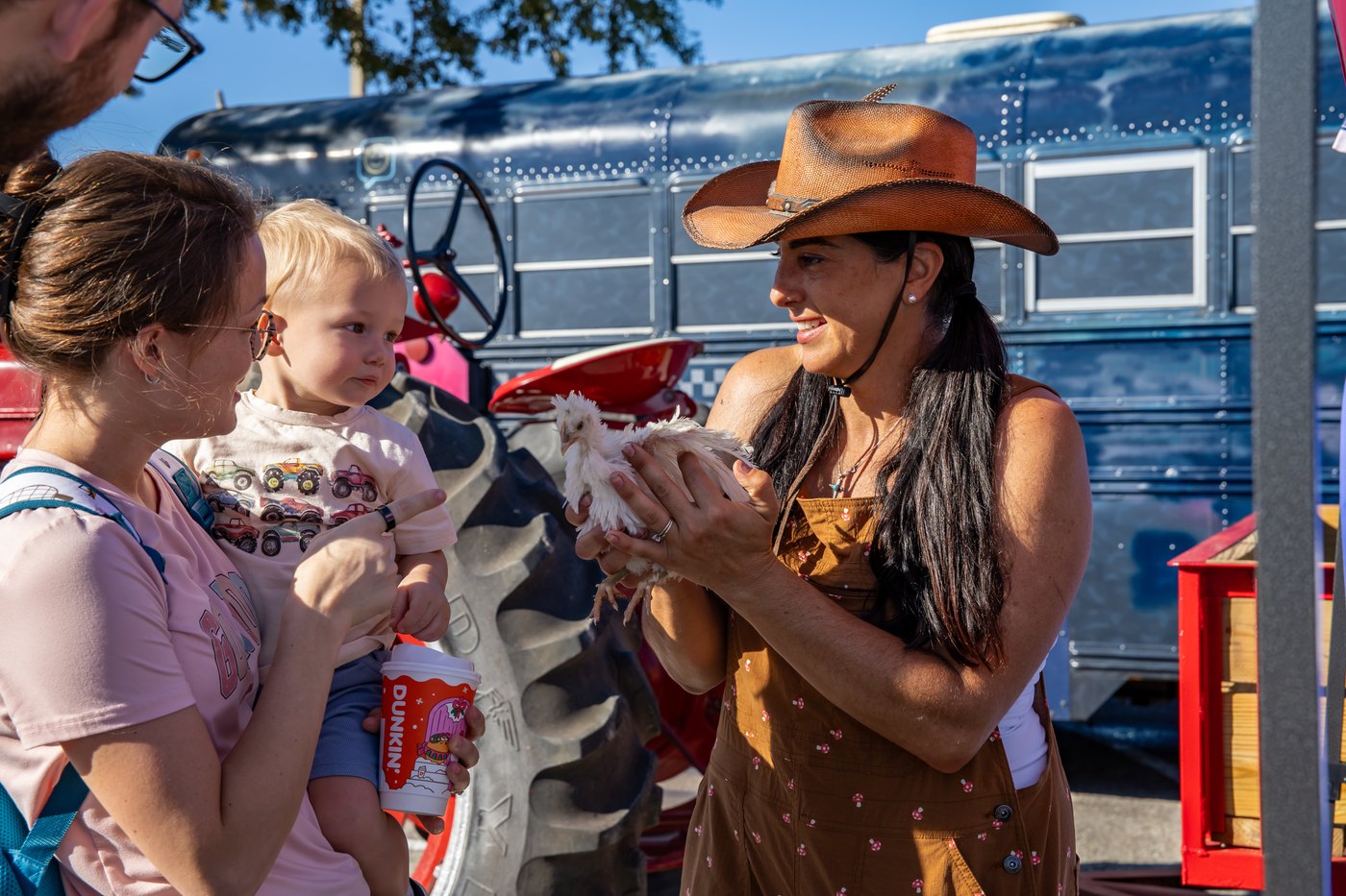 A young child watches a fluffy chicken held by a Conquer Ranch handler while an adult points toward it.